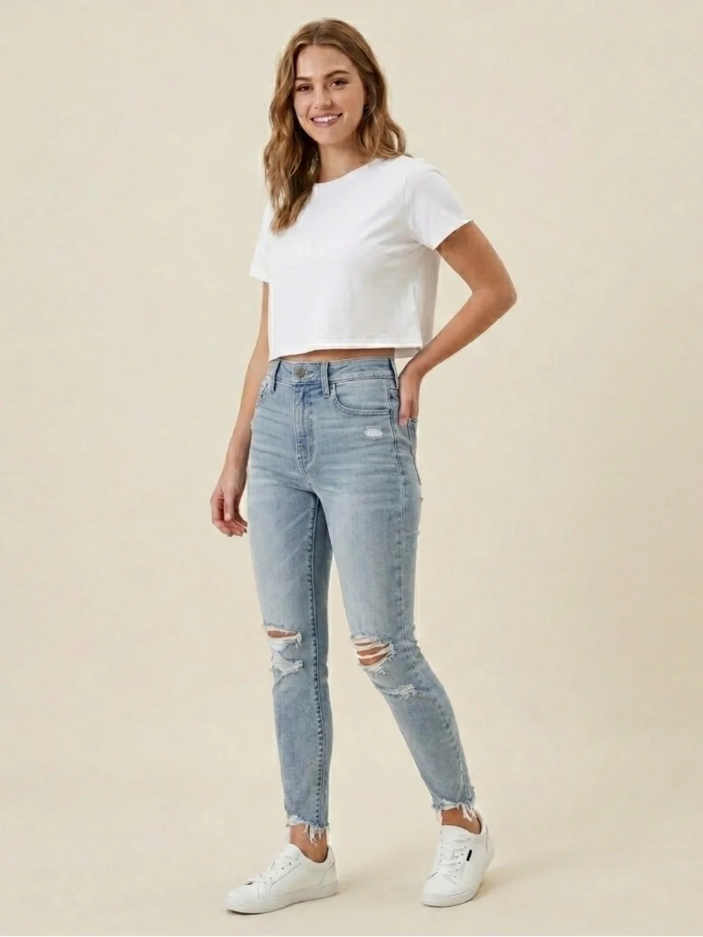 AE Factory Distressed Ripped Busted Knees Light Wash Super Stretch Skinny Jeans - Picture 1 of 14